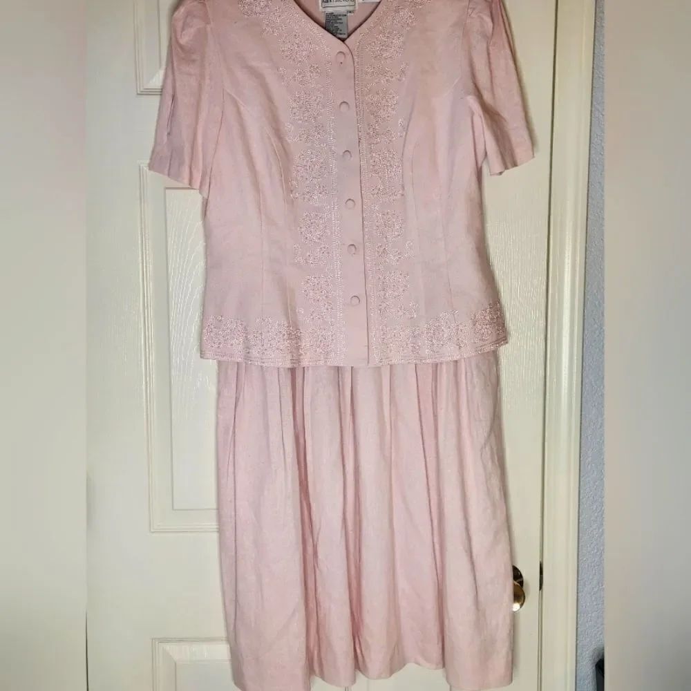 Vtg Karin Stevens 14 PastelPink LINENBlendFaux2Piece Women Midi Embroidery Dress